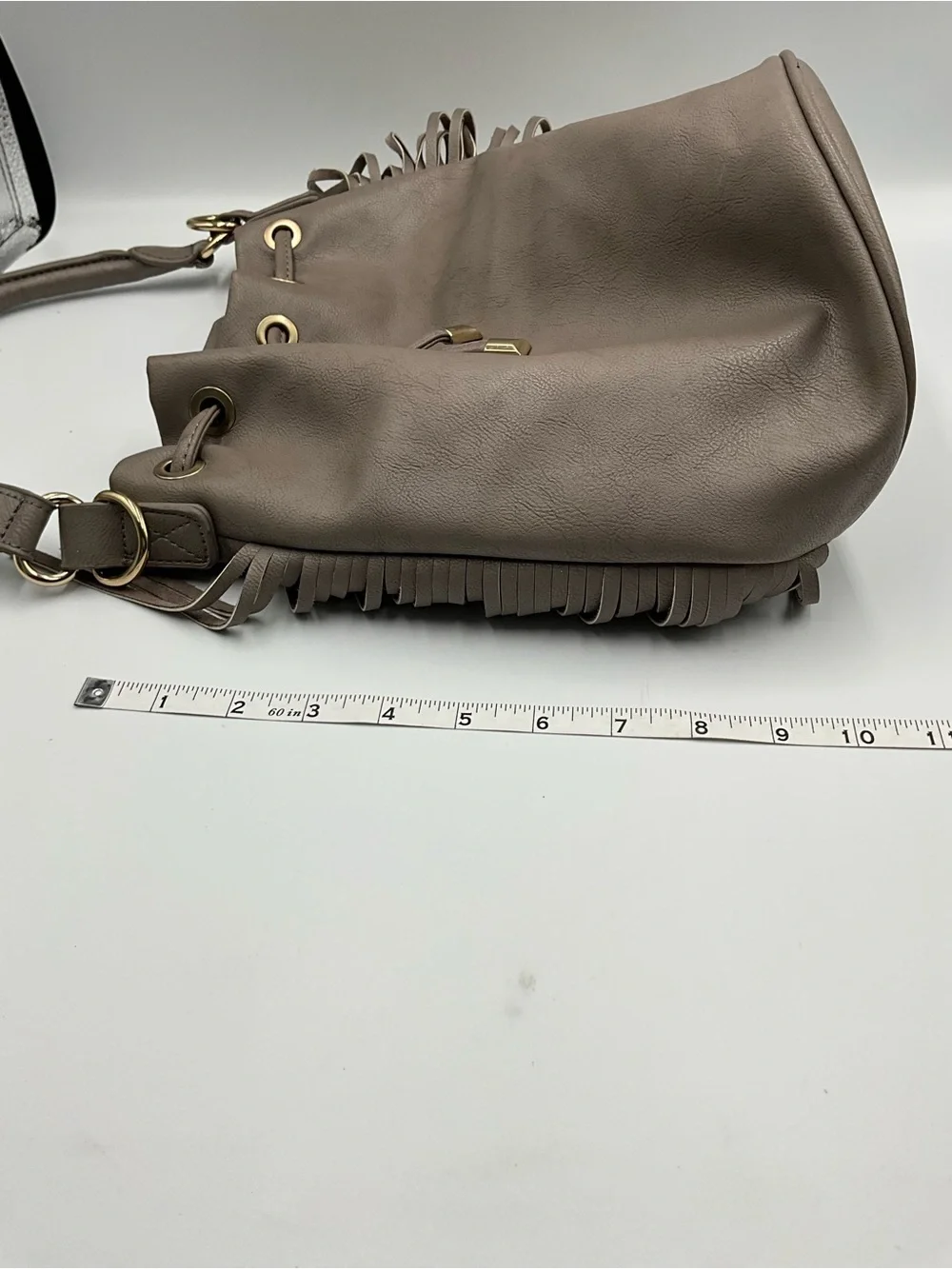 BCBG Paris Bucket Bag Taupe Fringe Drawstring Hobo Bag